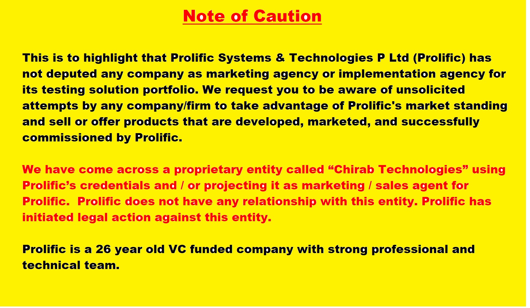Prolific Systems Announcement
